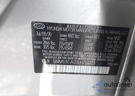 2020 Hyundai Santa Fe Sel z USA, uszkodzony, nr VIN 5NMS3CAD1LH250273